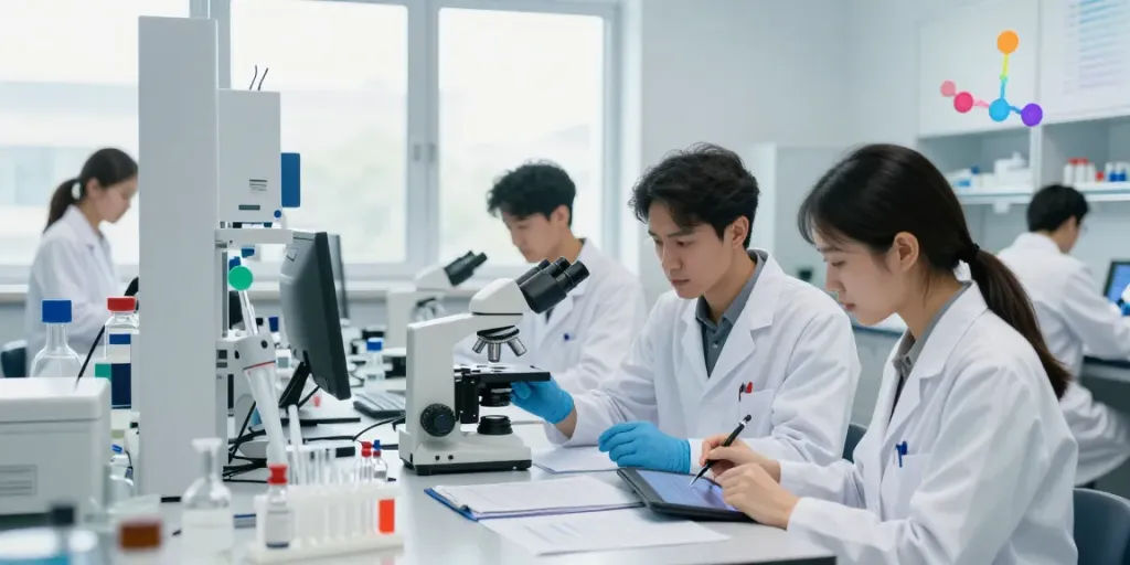 Scientists studying ac peptides in a modern lab with advanced equipment and bright natural light.