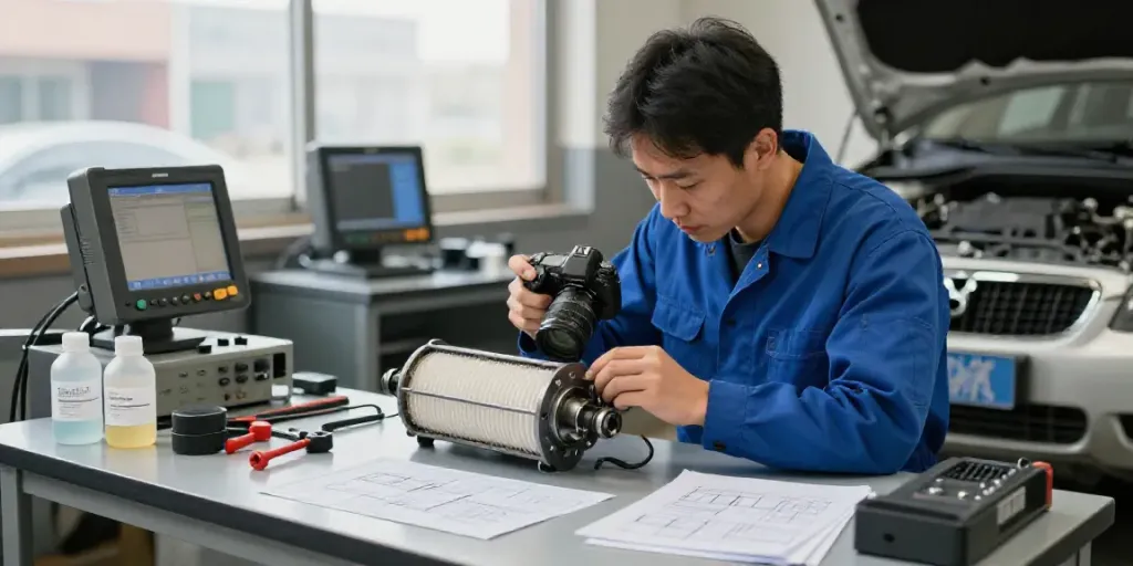 DPF reinigung hannover service with mechanic analyzing a Diesel Particulate Filter in a professional automotive workshop.