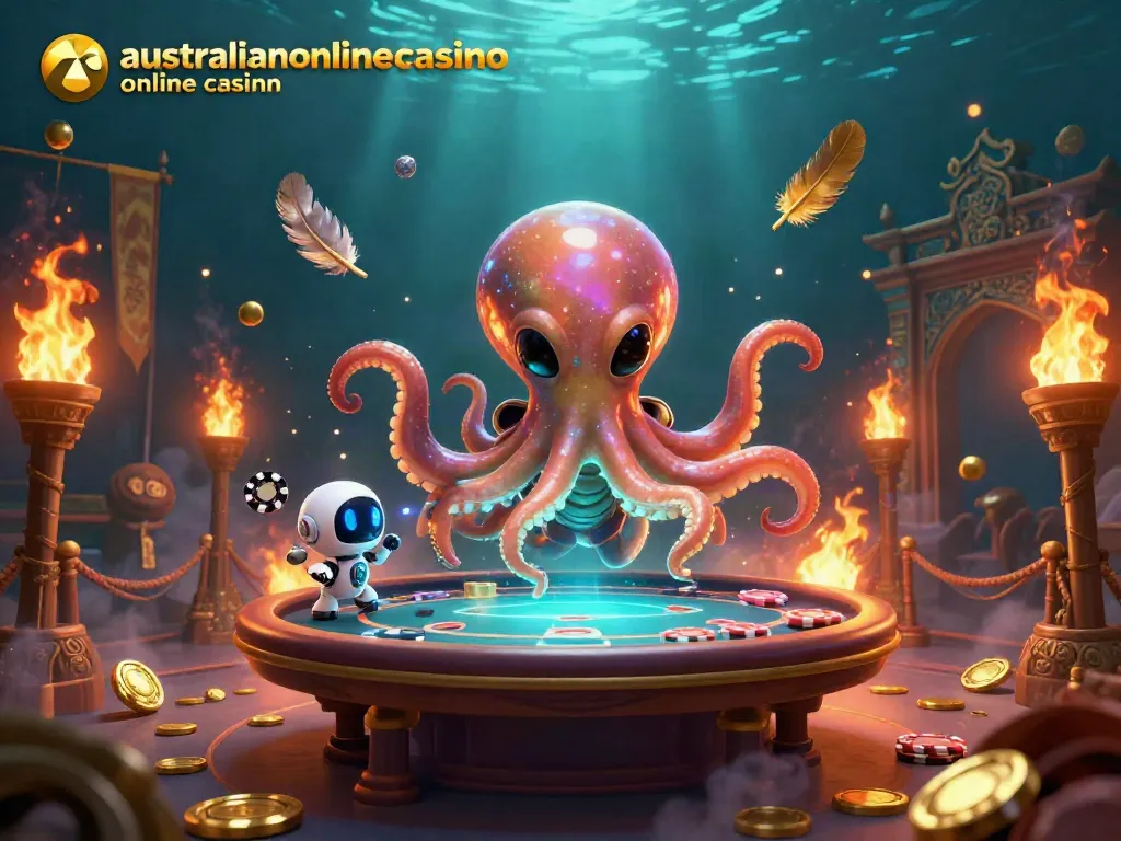 Alien octopus playing poker at an underwater casino themed scene with vibrant colors and dynamic effects, showcasing australianonlinecasino online casino