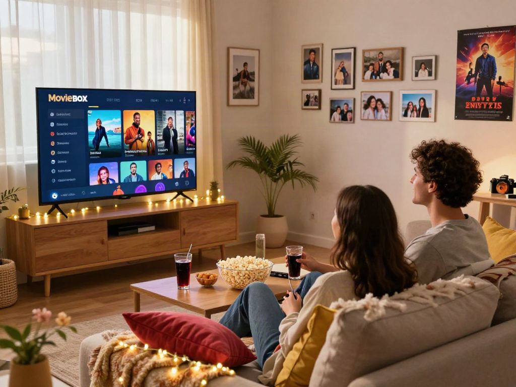 Couple enjoying movie night with the Moviebox app on a cozy couch.