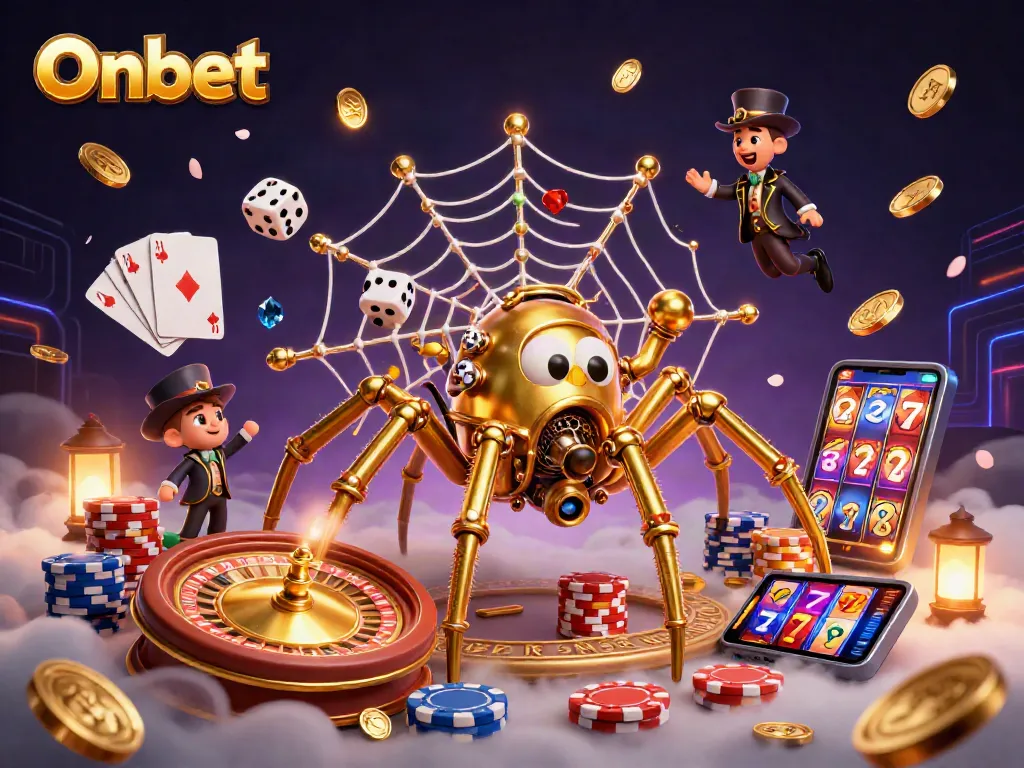Onbet showcases a vibrant casino scene with a golden spider capturing luck, ideal for engaging gamblers