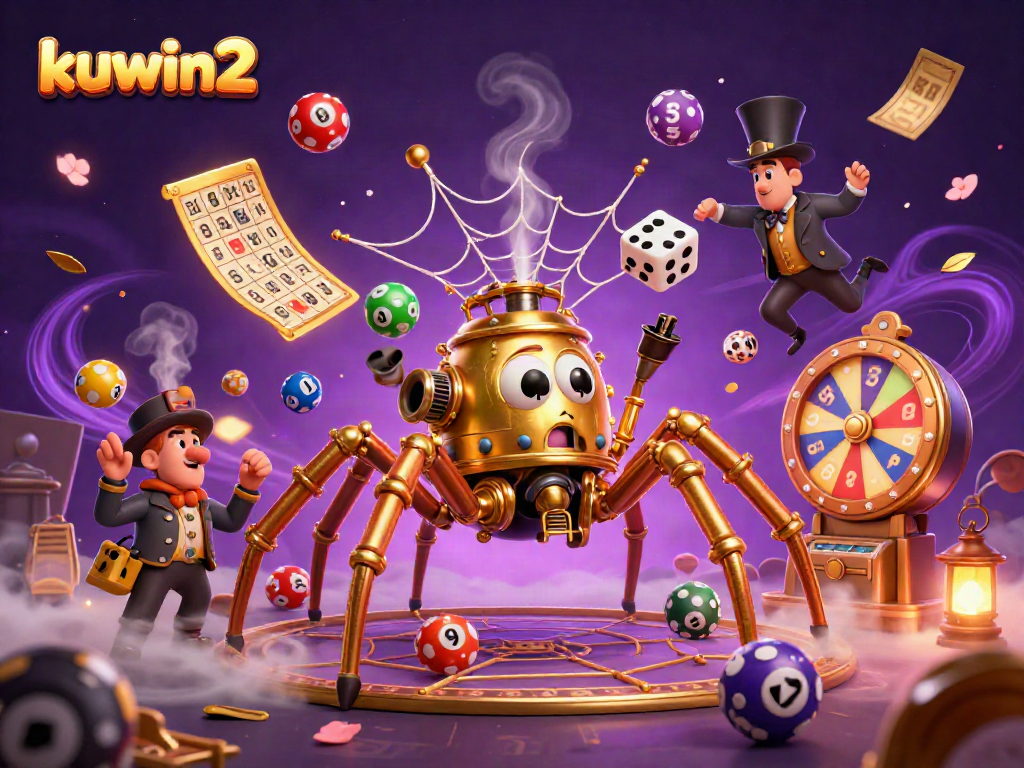 Kuwin2 showcases vibrant lottery balls and an amused fly gentleman in a thrilling casino scene.
