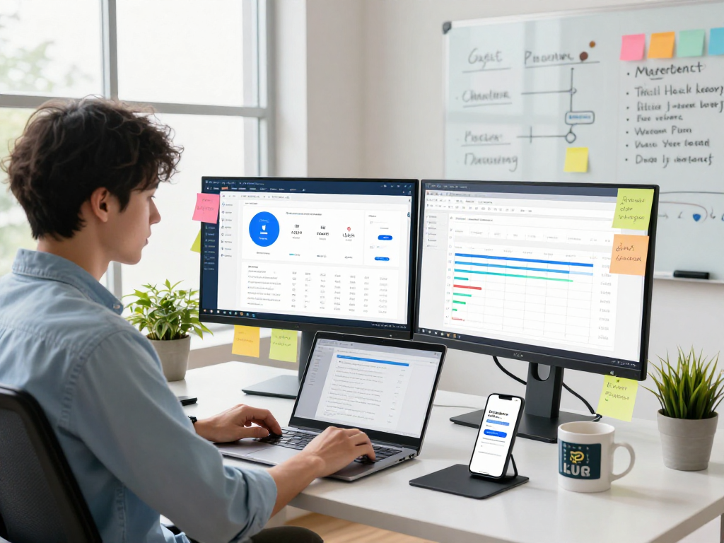 Buy app downloads for higher visibility in a bright marketing workspace.