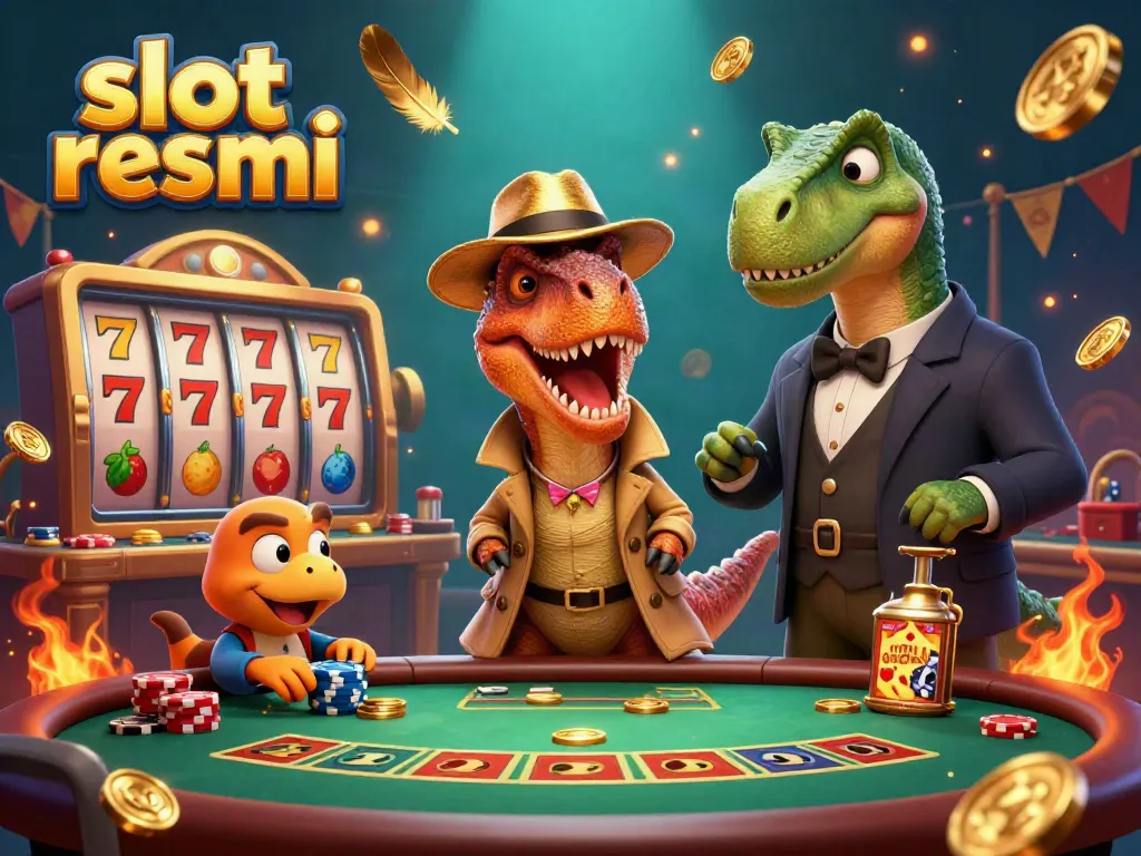 Experience a lively casino environment with a cartoon velociraptor chip counter, stegosaurus pit boss, and a sneaky compy at the blackjack table, celebrating the theme of slot resmi.