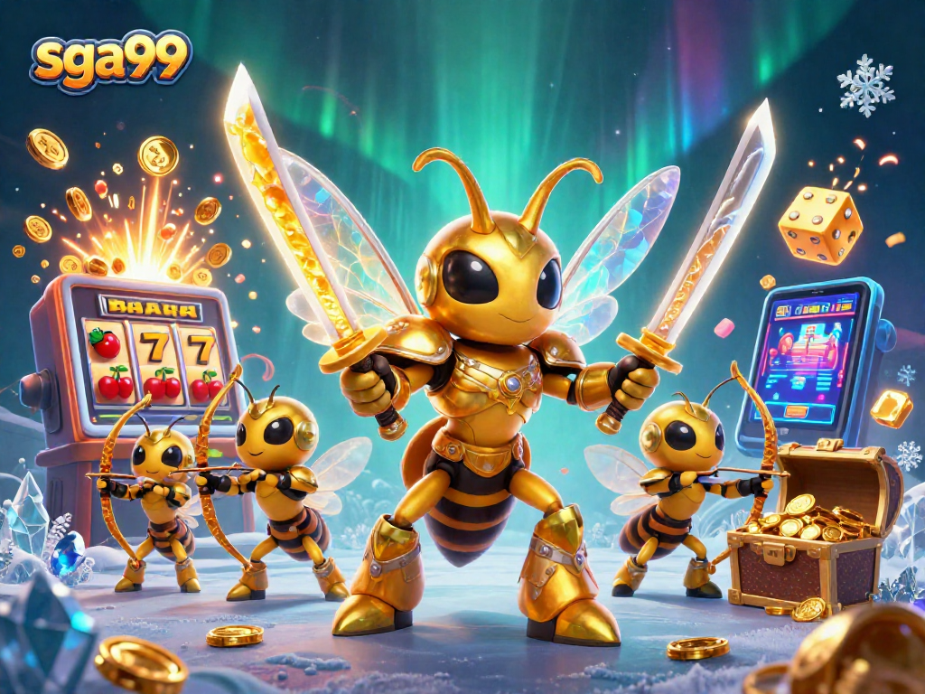 Play thrilling games at sga99 with a dazzling 3D casino scene featuring vibrant slot machines.