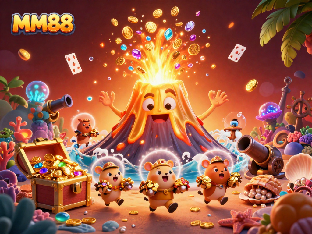 Engage in thrilling gameplay at MM88 with vibrant characters amidst gold and gems in a captivating casino scene.