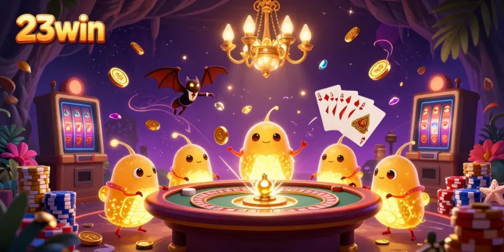 Experience the thrill of 23win with an enchanting 3D casino scene featuring glowworms and a bat dealer.