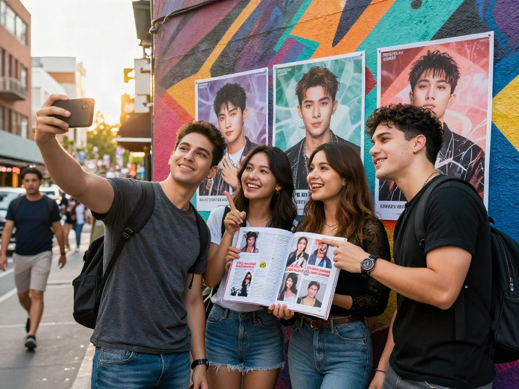Friends joyfully comparing look alikes of famous people in an urban setting, capturing a fun moment.