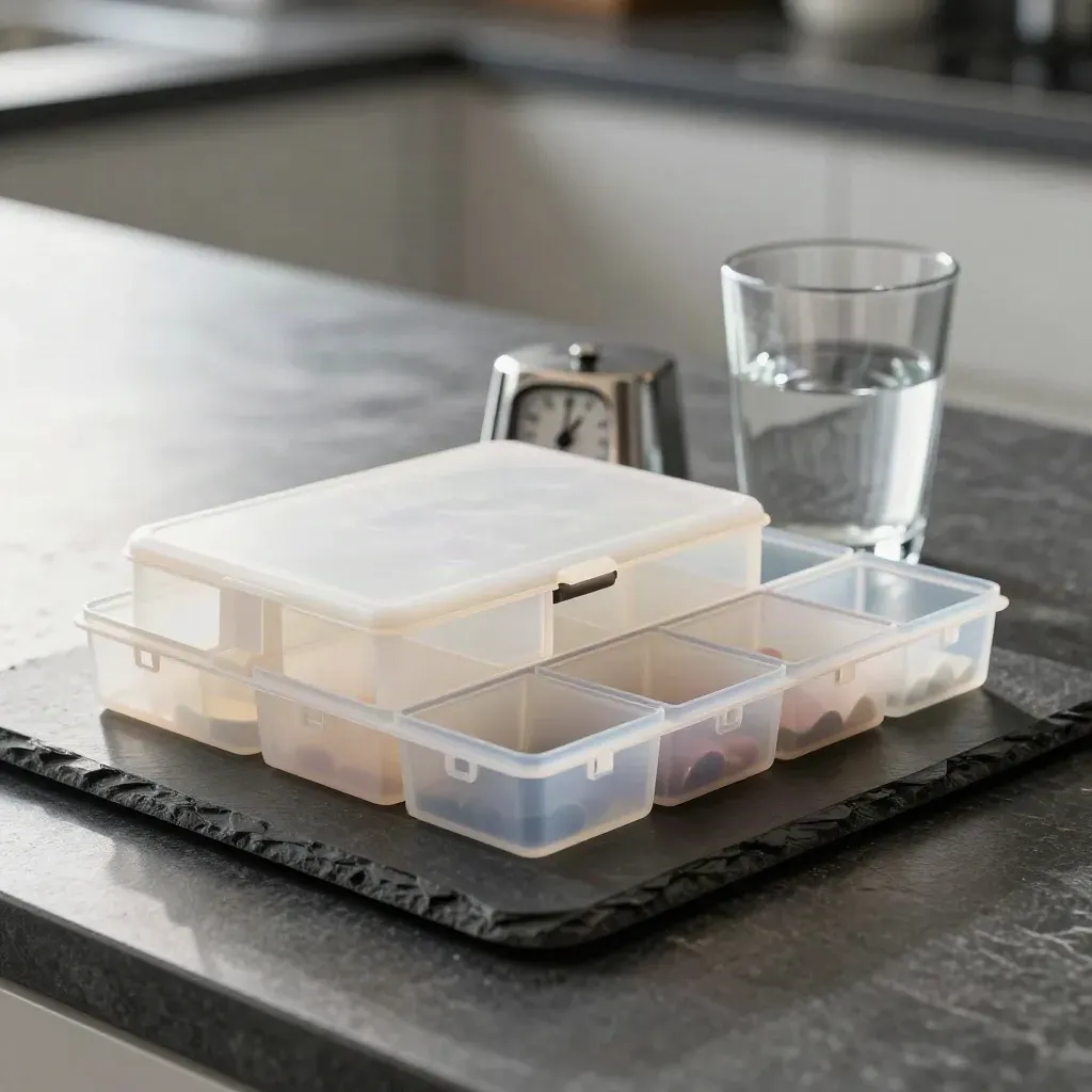 Open weekly pill sorter, kitchen timer and water glass on a slate tray in cool clean light.