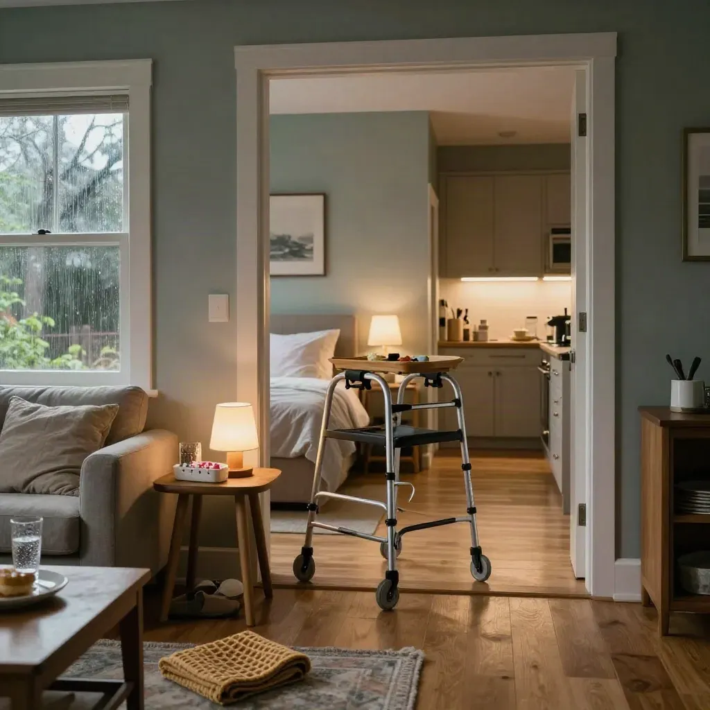 Care home interior with walker, tray, lamp, throw and rain-lit windows at dusk.