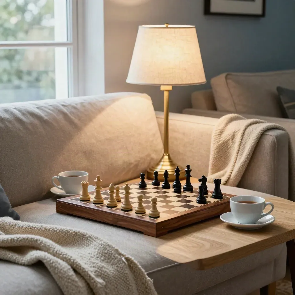 Chessboard, tea cups, lamp and throw in a warm living-room companionship corner