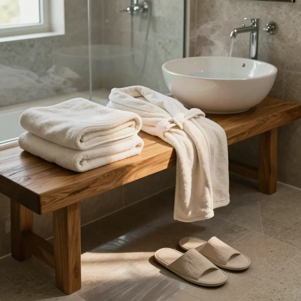 Warm bathroom care setup with towels, bath bench, robe, slippers, and steaming basin.