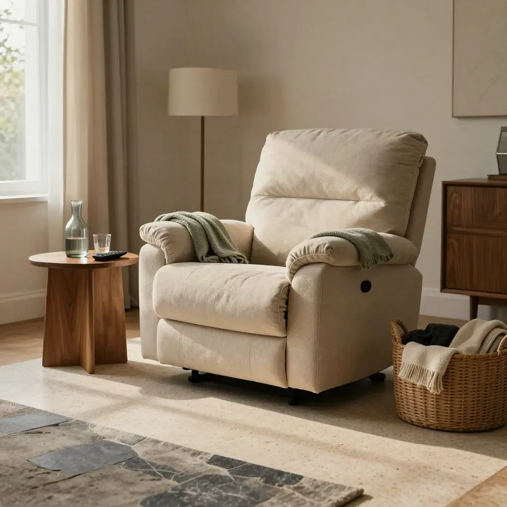 Quiet respite-care living room with armchair, blanket, carafe, remote, and sage accents.