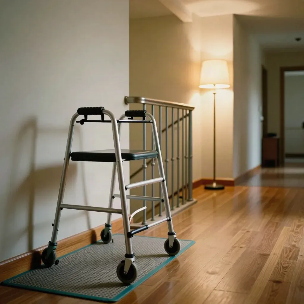 Walker beside a clear hallway with a stair rail, mat, and lamp in soft daylight.