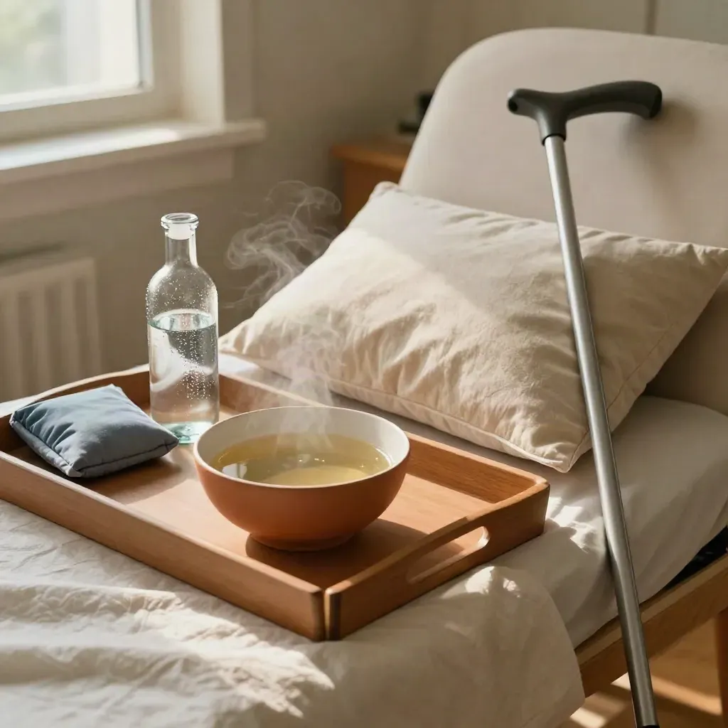 Recovery tray with broth, water, cooling pack, pillow, and cane beside a chair
