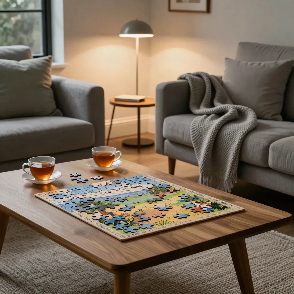 Tea cups, puzzle board, knit throw, and lamp in a calm evening living room.