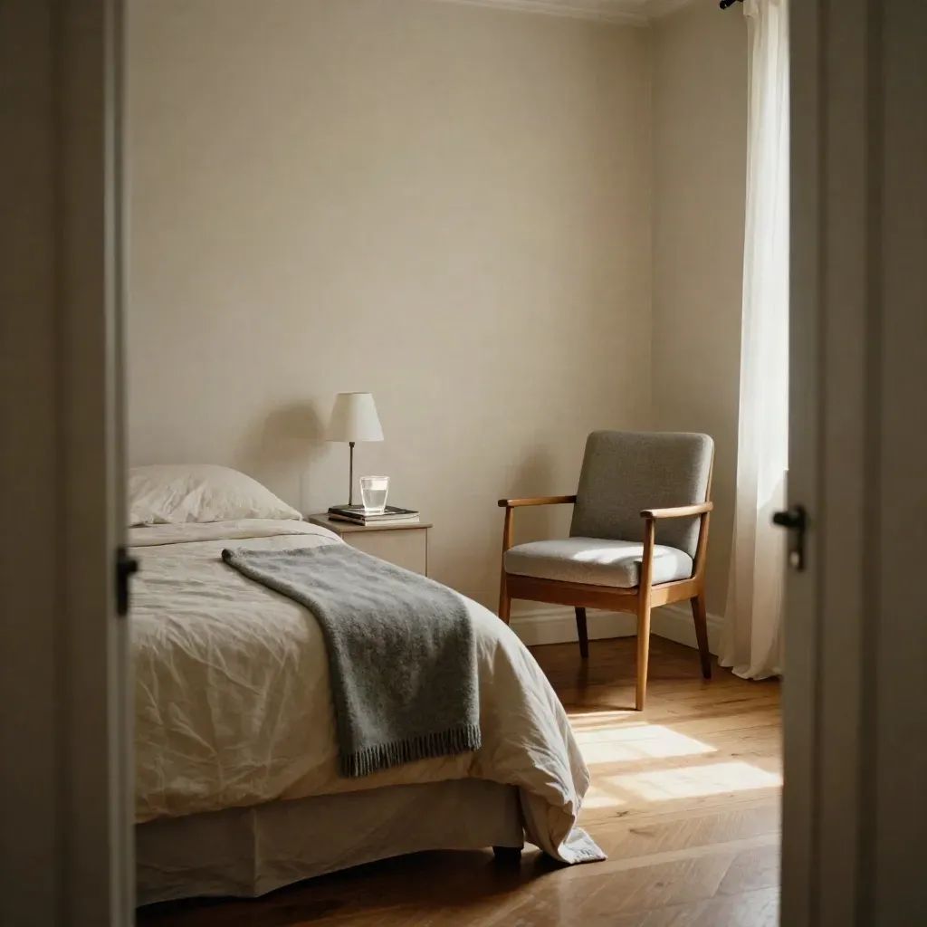 Quiet bedroom with made bed, water glass, closed book, and reset chair in warm afternoon light.