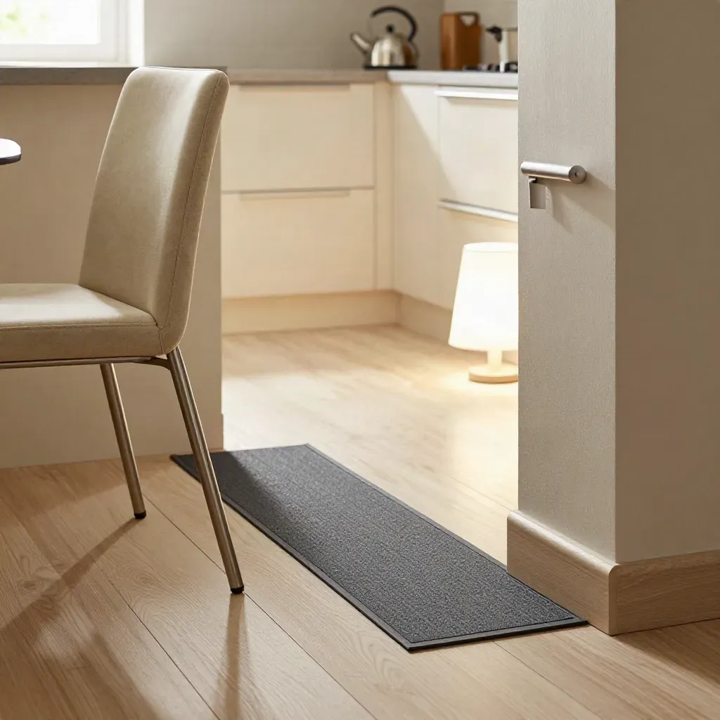 Low-angle kitchen path with chair, grab rail, runner and floor lamp in soft daylight