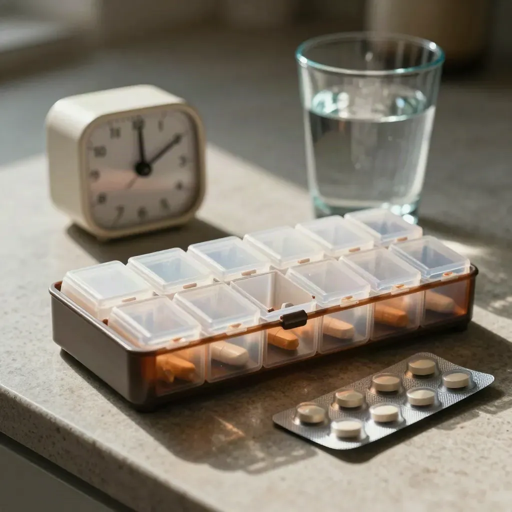 Pill caddy, water, timer and face-down blister pack on a moody kitchen counter.