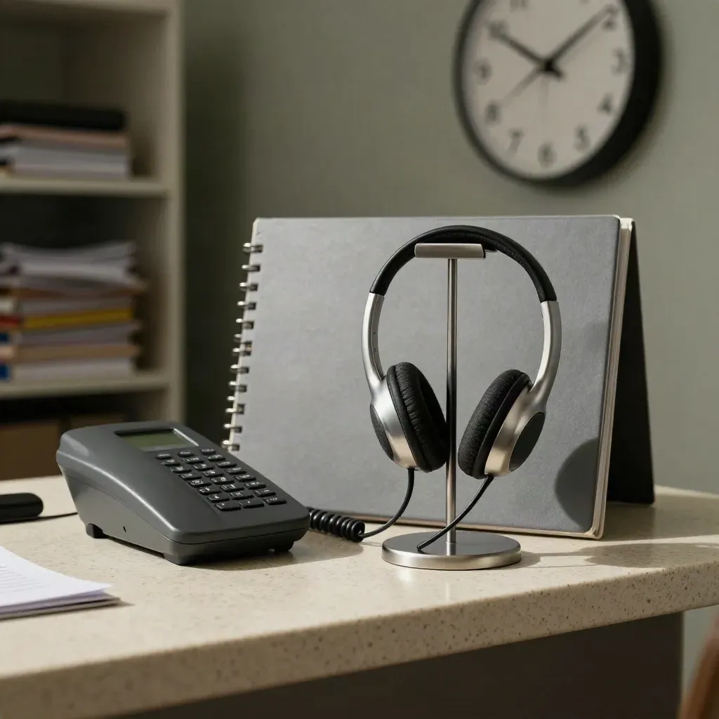 Care coordinator workspace still life with phone, headset stand, binder and wall clock.