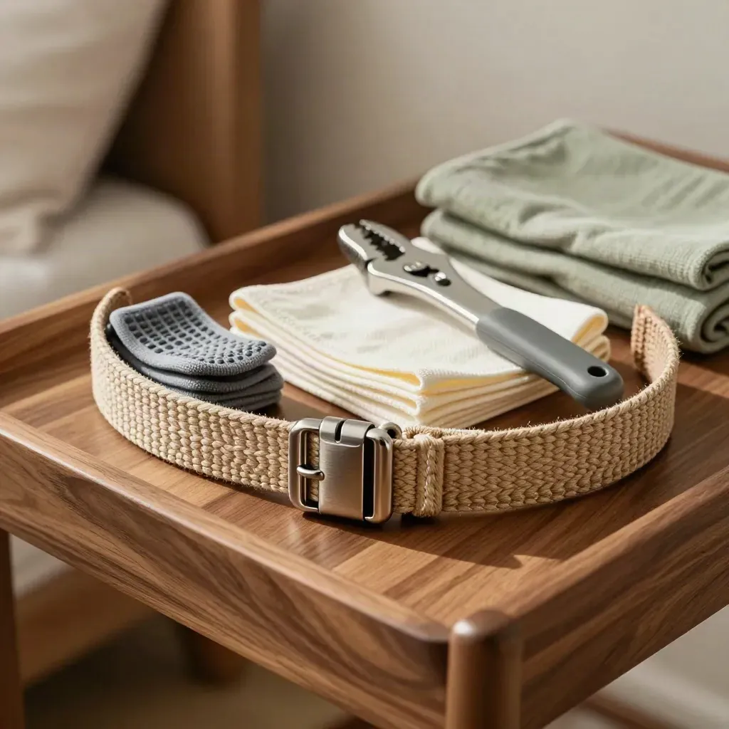Macro kit of gait belt, non-slip socks, transfer sheet, and grabber tool on walnut wood.