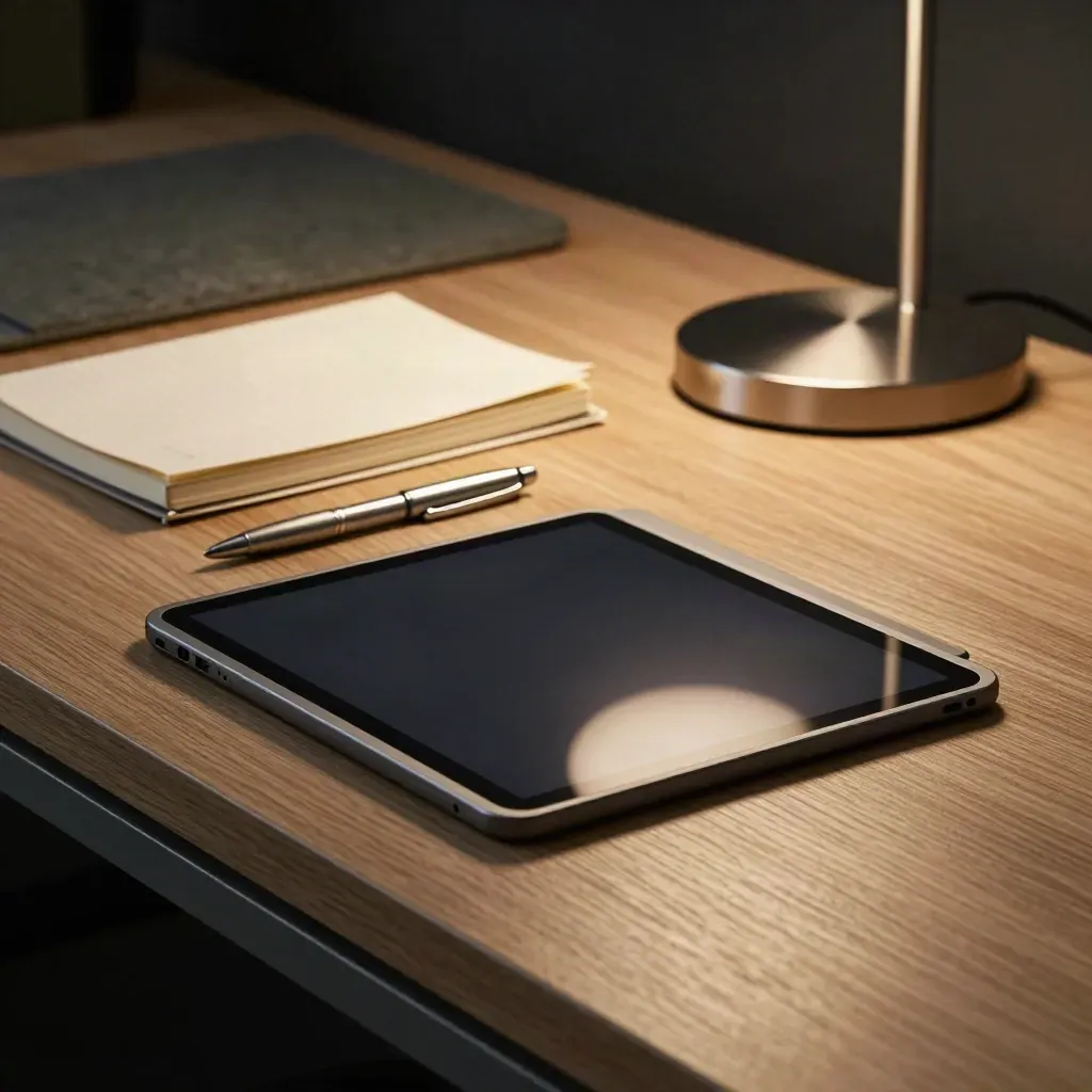 Tablet dock, notebook, pen and lamp on a warm wood care workstation.