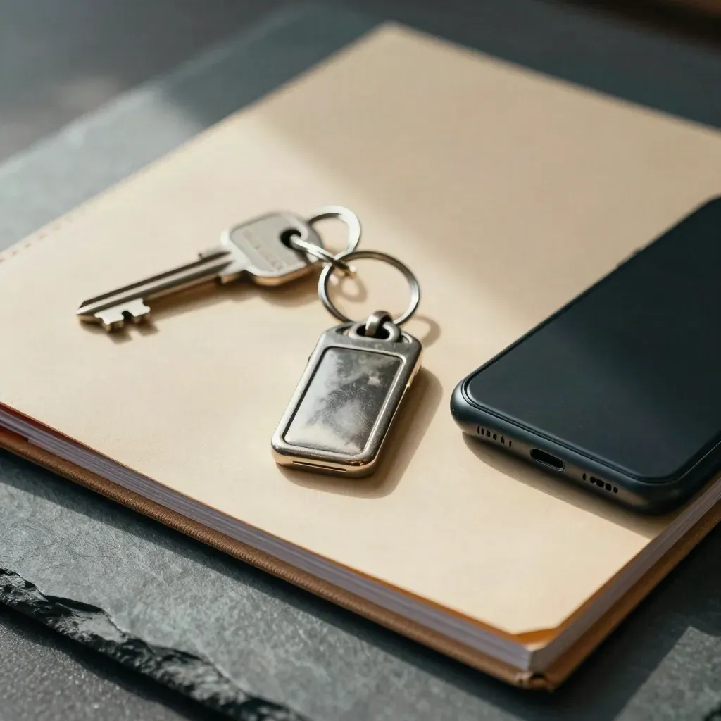 Overhead still life of keys, closed map folder, phone, and address book on slate.