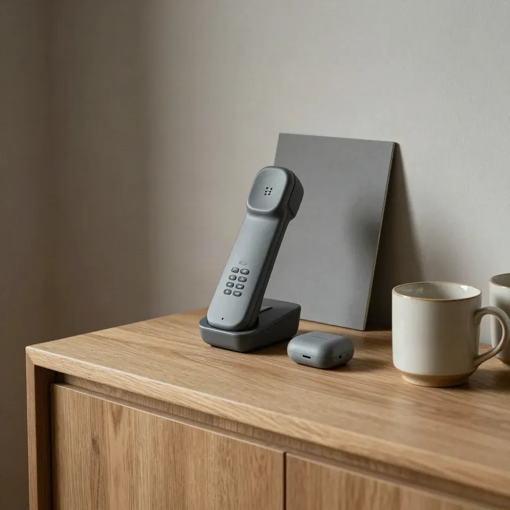 Cordless phone, earbuds case, and two mugs on a wooden console in soft home light