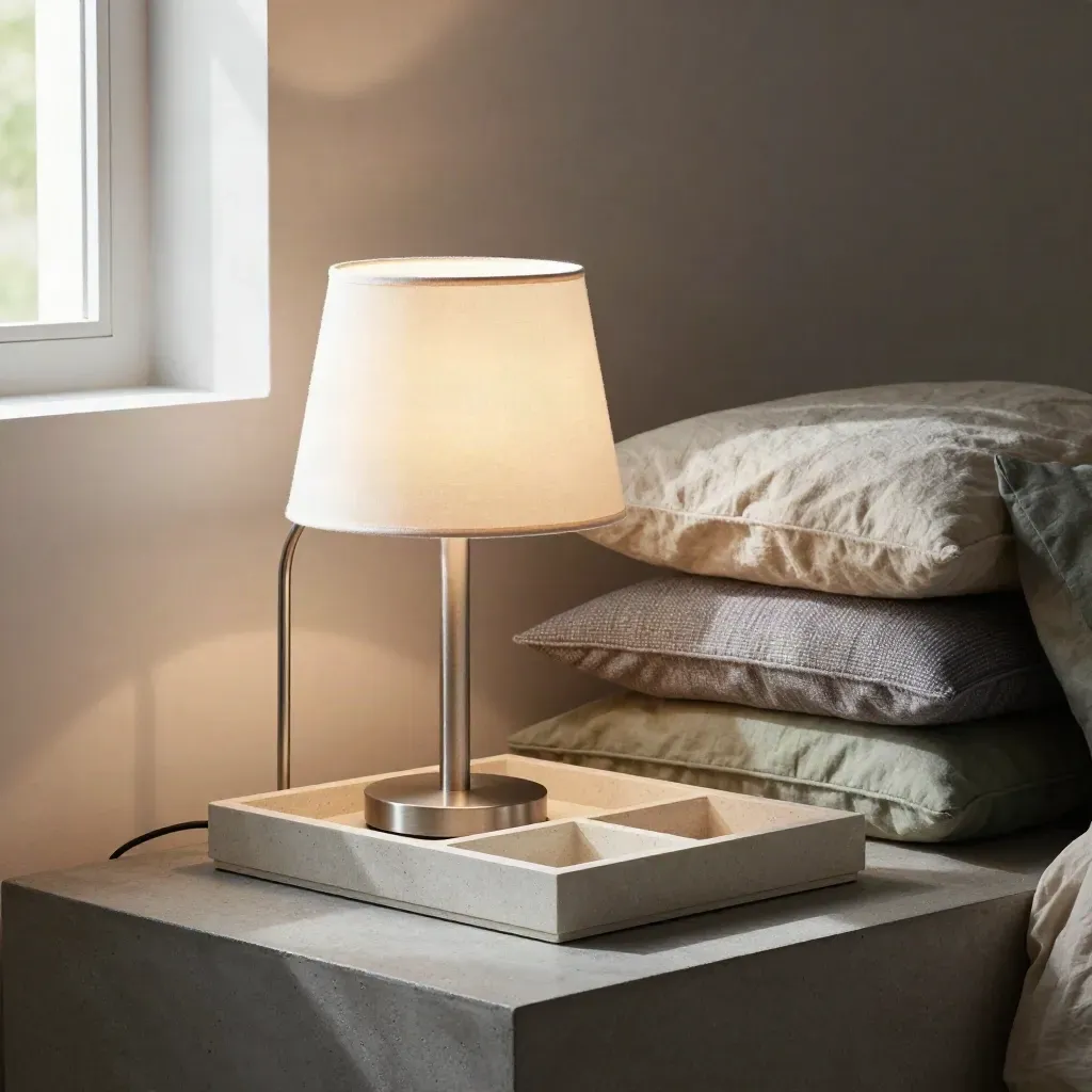 Dial lamp, modular tray, and stacked cushions on a concrete side table in soft late-day light.