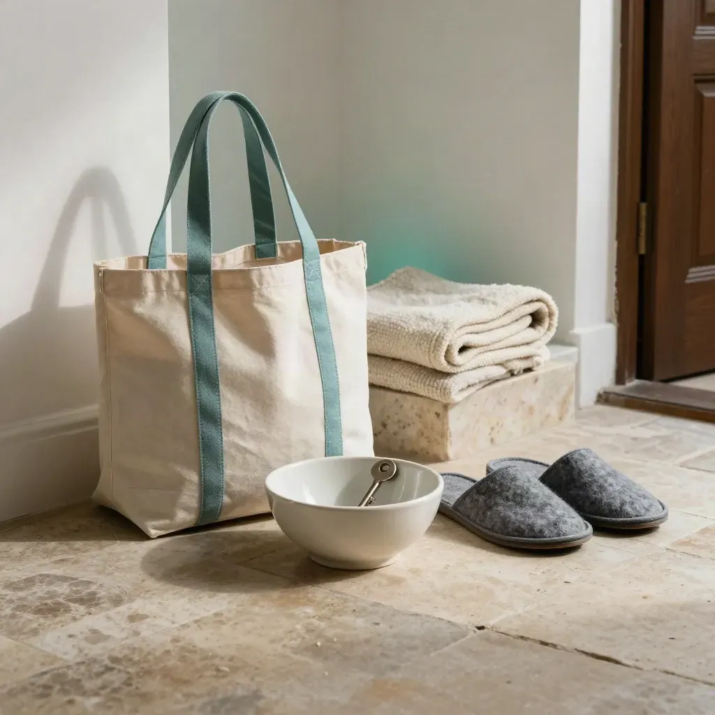 Care tote, key bowl, slippers and folded blanket arranged at a calm entryway threshold.
