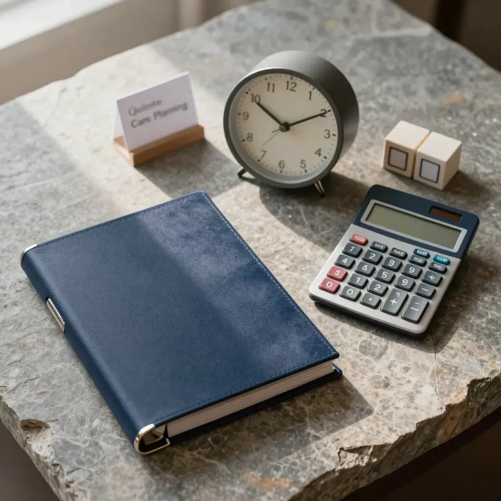 Binder, clock, calculator and calendar cubes on stone in a calm planning still life
