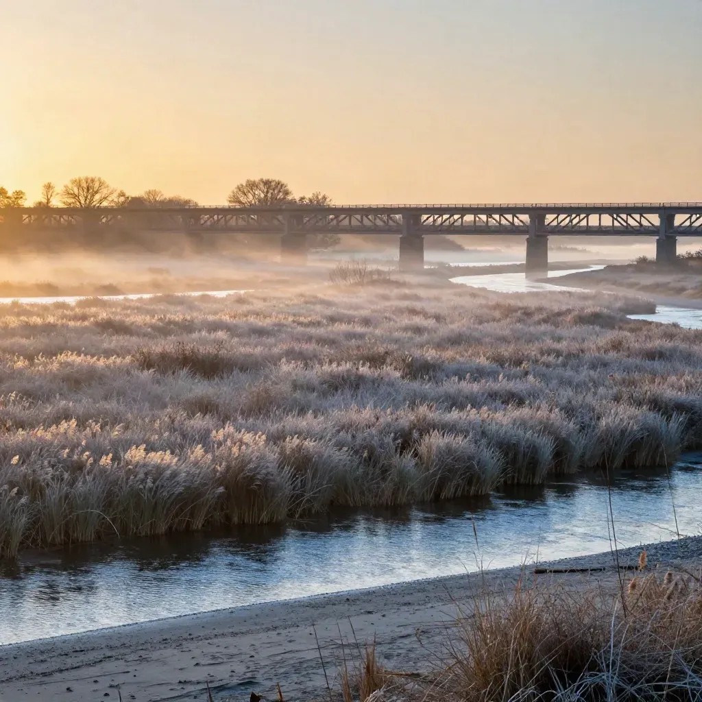 Golden sunrise over the Trenton bridge line, wetlands, and river valley with mist.