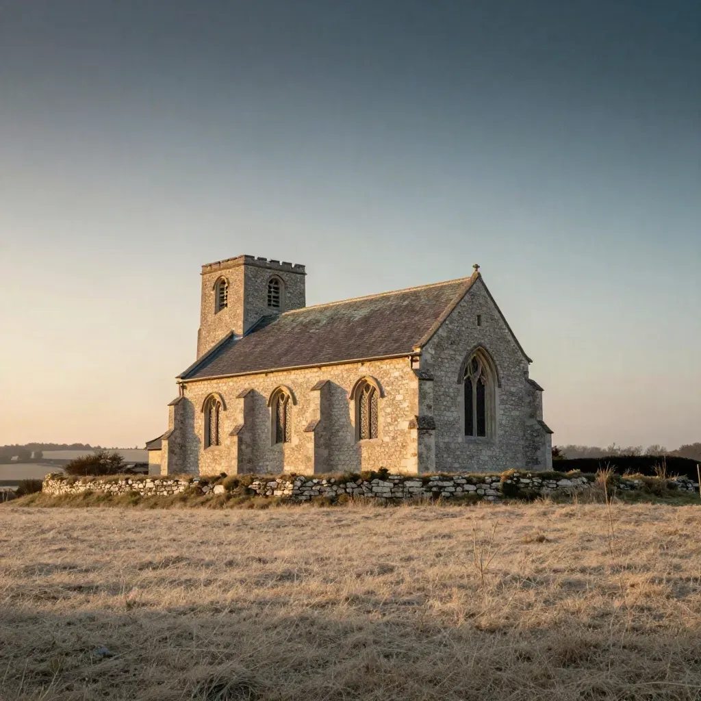 Heritage stone church high on a limestone plain at dusk with warm haze.