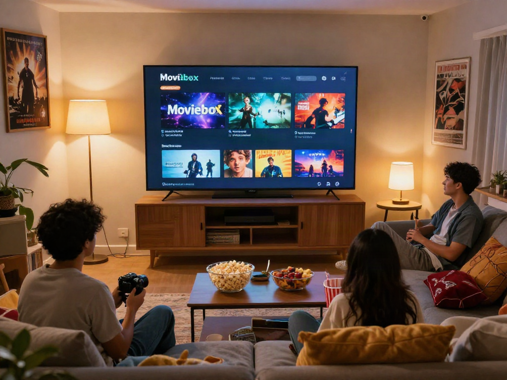 Enjoying a movie night with the Moviebox app interface displayed, cozy living room with friends and snacks.