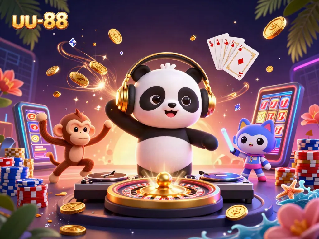 Enter the thrilling world of uu-88 as DJ panda spins on roulette turntables amidst vibrant casino action.