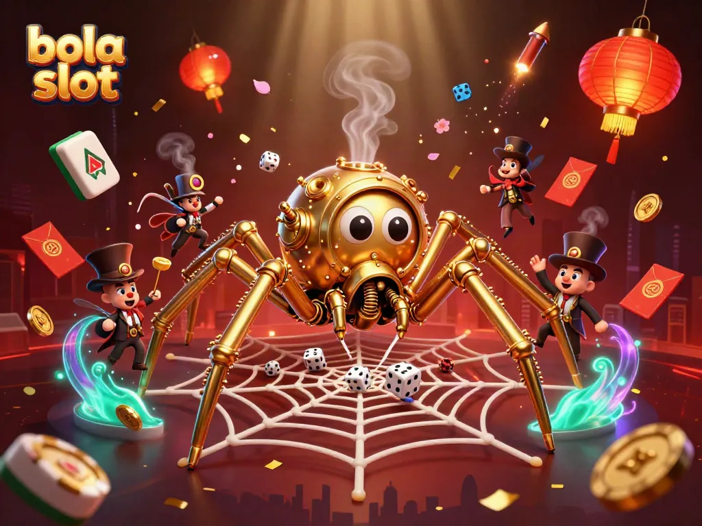 Catch thrilling bola slot action with a golden spider and amusing fly gentleman in vivid casino scene.