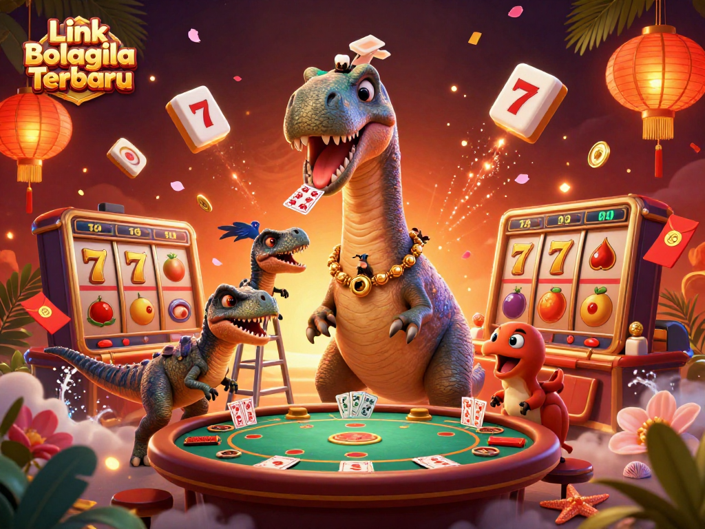 Engage with Link Bolagila Terbaru through this vibrant casino illustration featuring a brontosaurus and lively gambling elements.