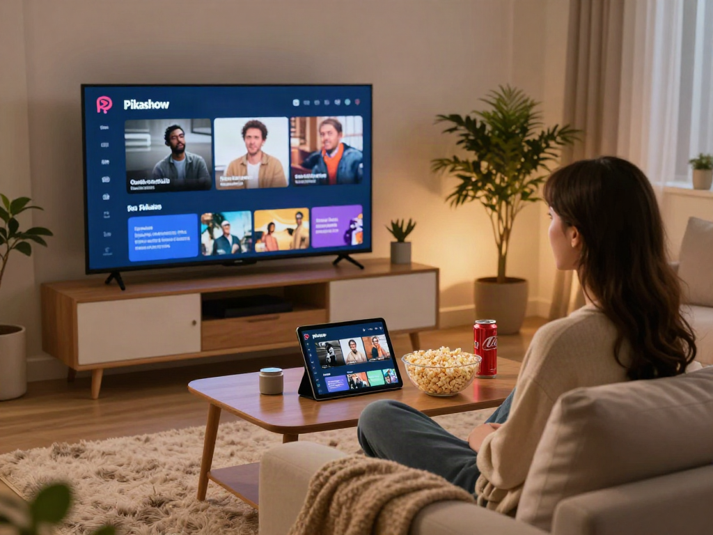 Enjoying the Pikashow app for streaming entertainment in a cozy living room.