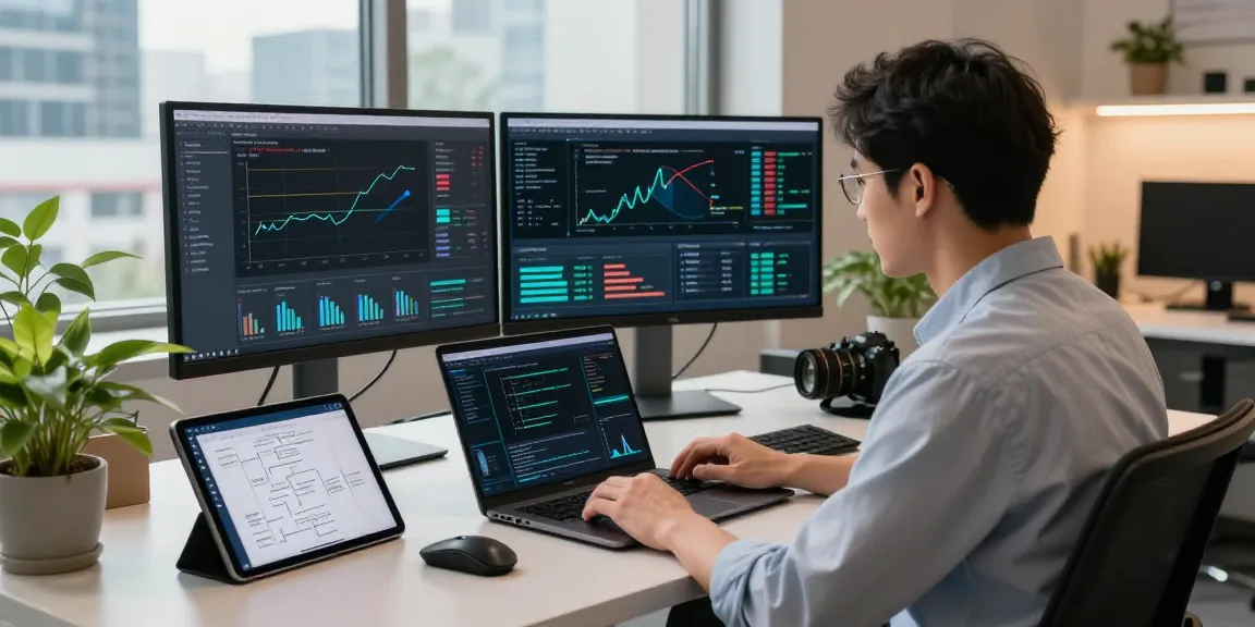 AI Detection analysis in a tech workspace with data visualizations and monitors.