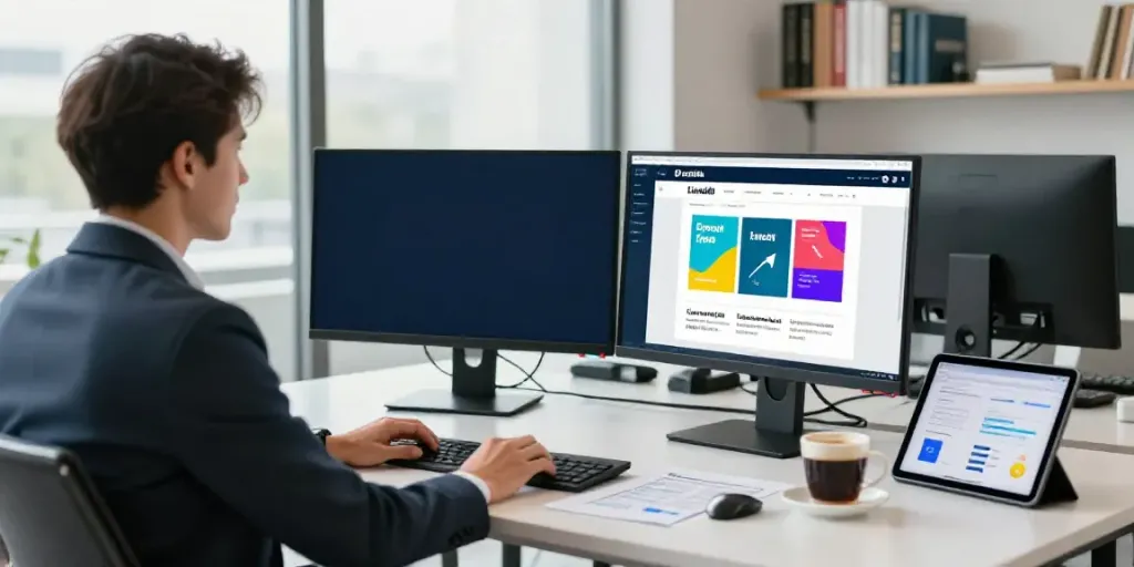 AI LinkedIn ad copy generator in a professional office, showcasing creative ad drafts and a focused marketer.