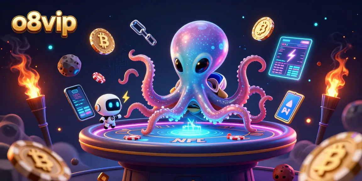 o8vip alien octopus dealer managing a holographic poker game with exciting crypto elements