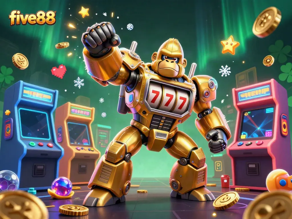 Experience the thrill of five88 with a dynamic golden gorilla mech bursting with coins, perfect for slot enthusiasts.