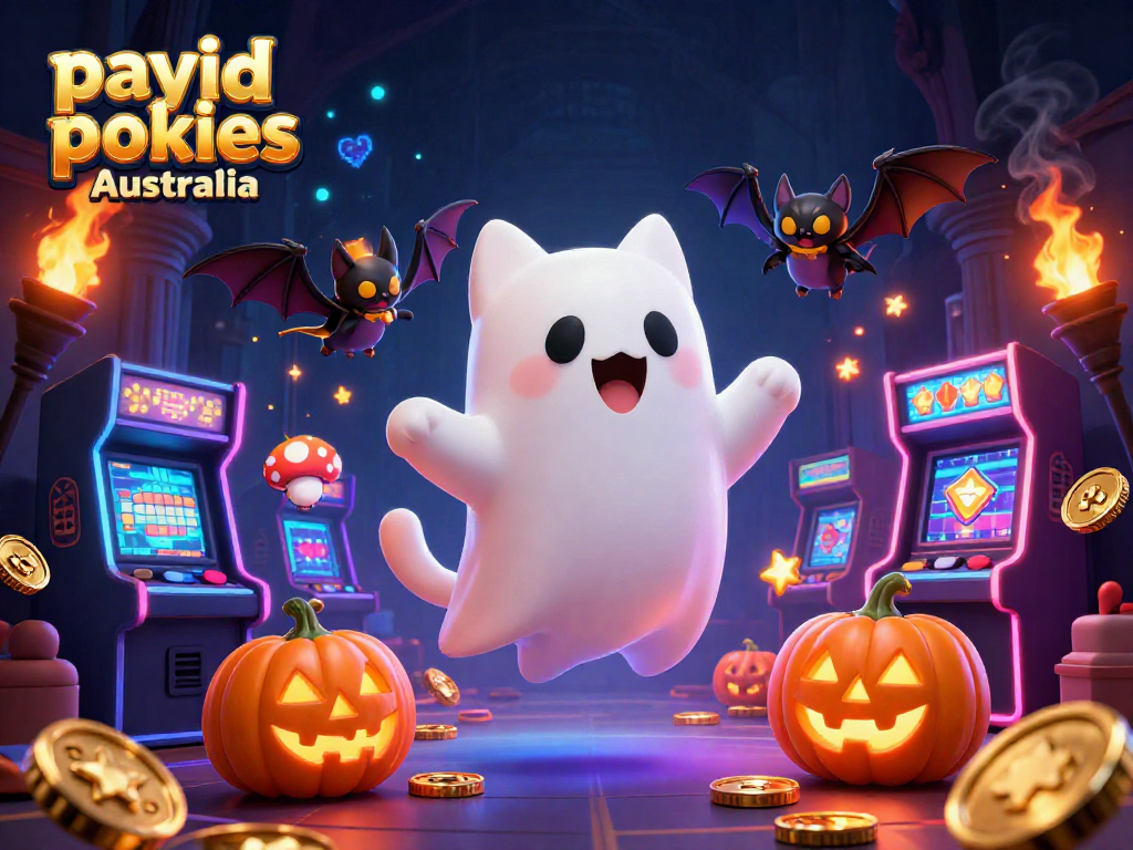 Engage in payid pokies Australia with a friendly ghost cat and vibrant casino elements.