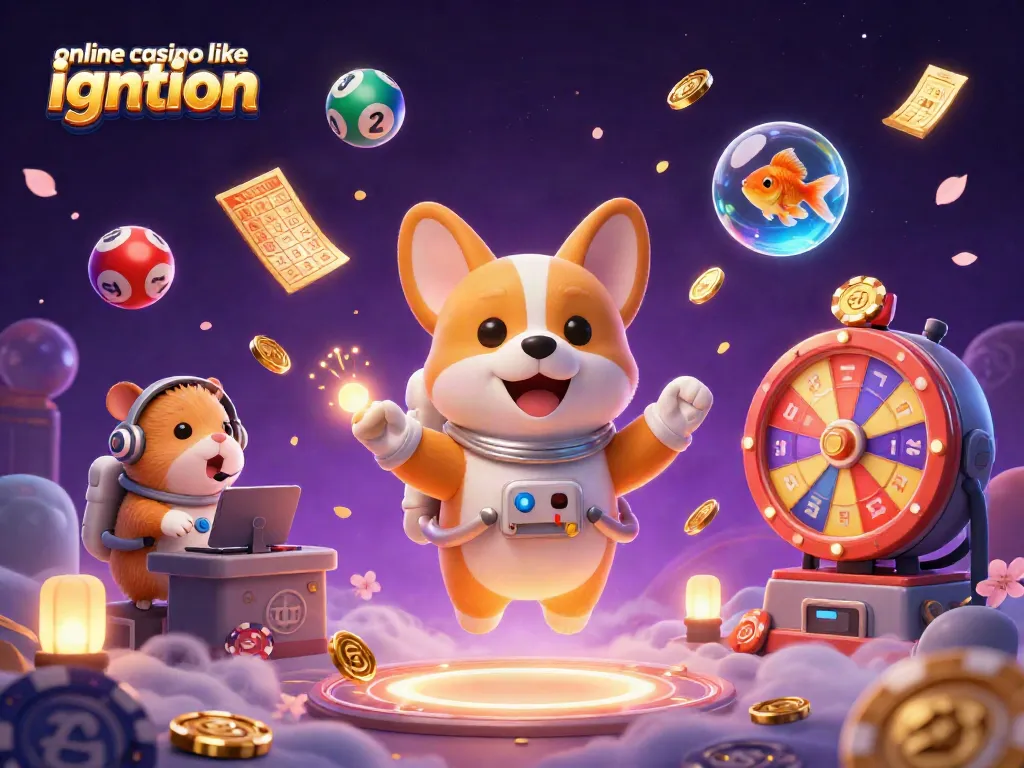 Experience the dynamic fun at an online casino like ignition with a 3D astronaut corgi, poker chips, and vibrant game elements.