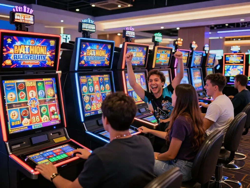 Players celebrating a slot jackpot win in a modern casino environment filled with vibrant machines and lively atmosphere.