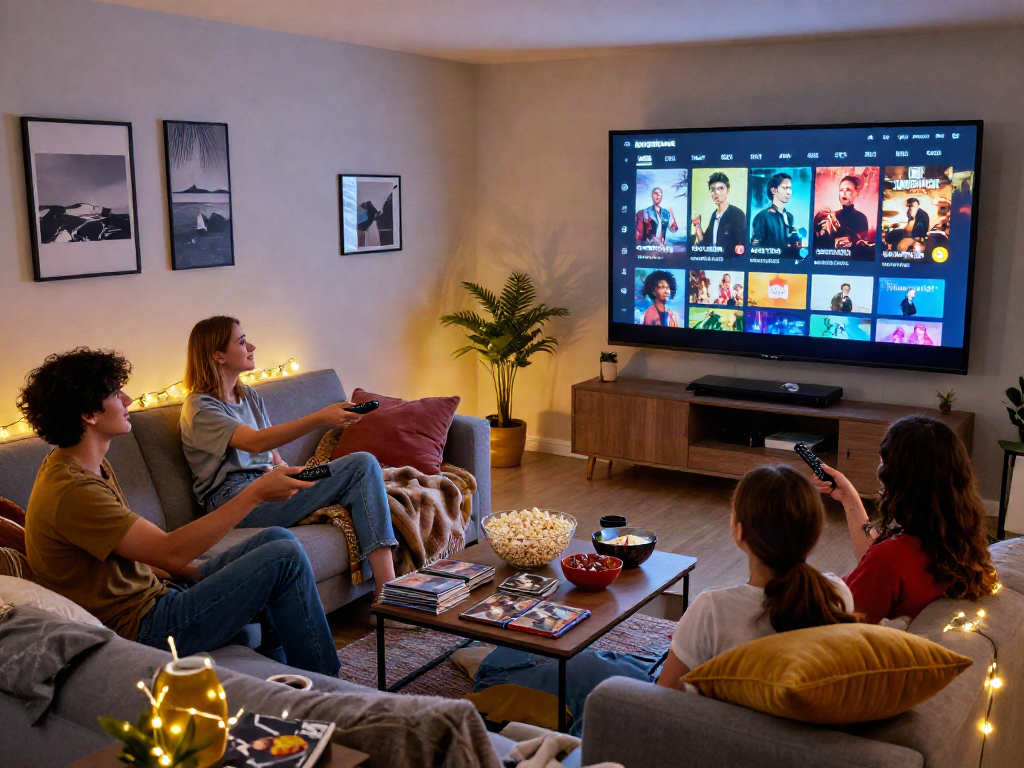 Friends enjoying movie night with Moviebox apk interface on screen, cozy living room setup.