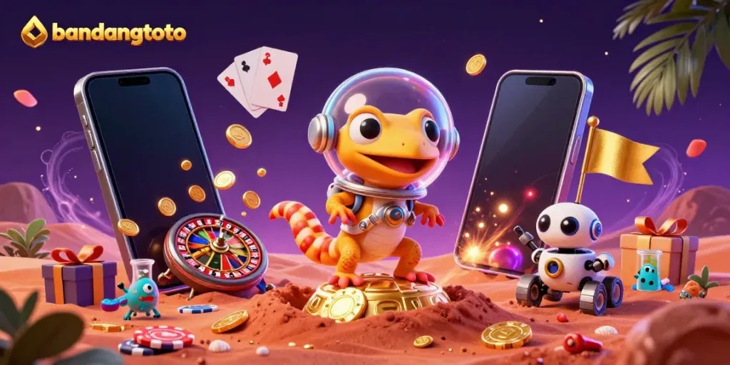 Bandungtoto captures excitement with a Martian gecko and casino treasures in a playful cosmic scene.