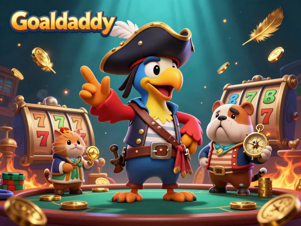Experience the excitement of Goaldaddy with a lively illustration including a pirate captain parrot and casino elements.
