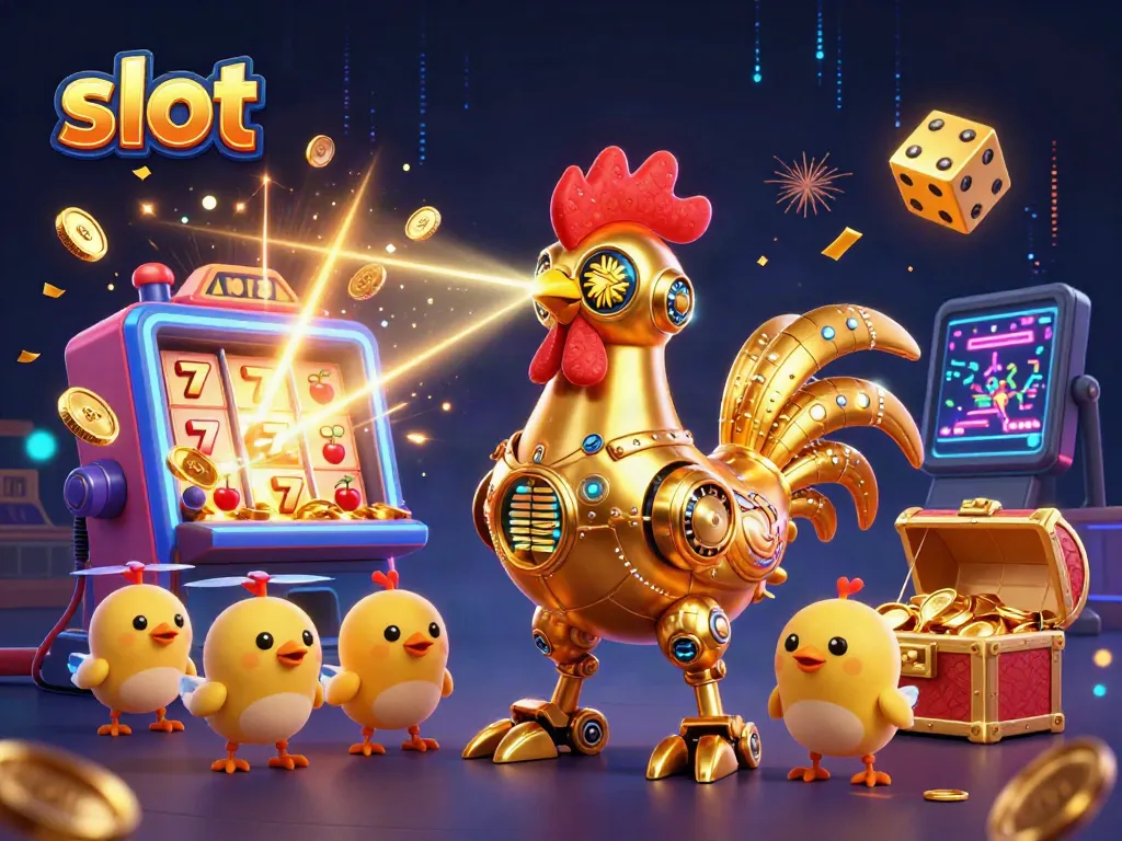 Slot mesin yang memukau dengan robot ayam emas futuristik dan simbol keberuntungan yang meledak di sekelilingnya.