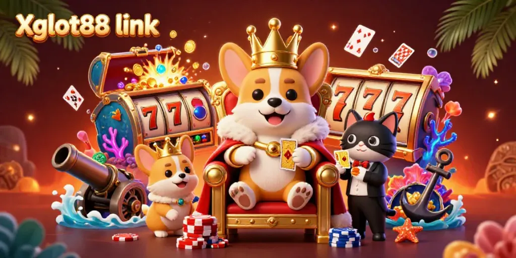 Menyaksikan permainan seru di Xgslot88 link dengan corgi kerajaan dan elemen kasino yang memukau.
